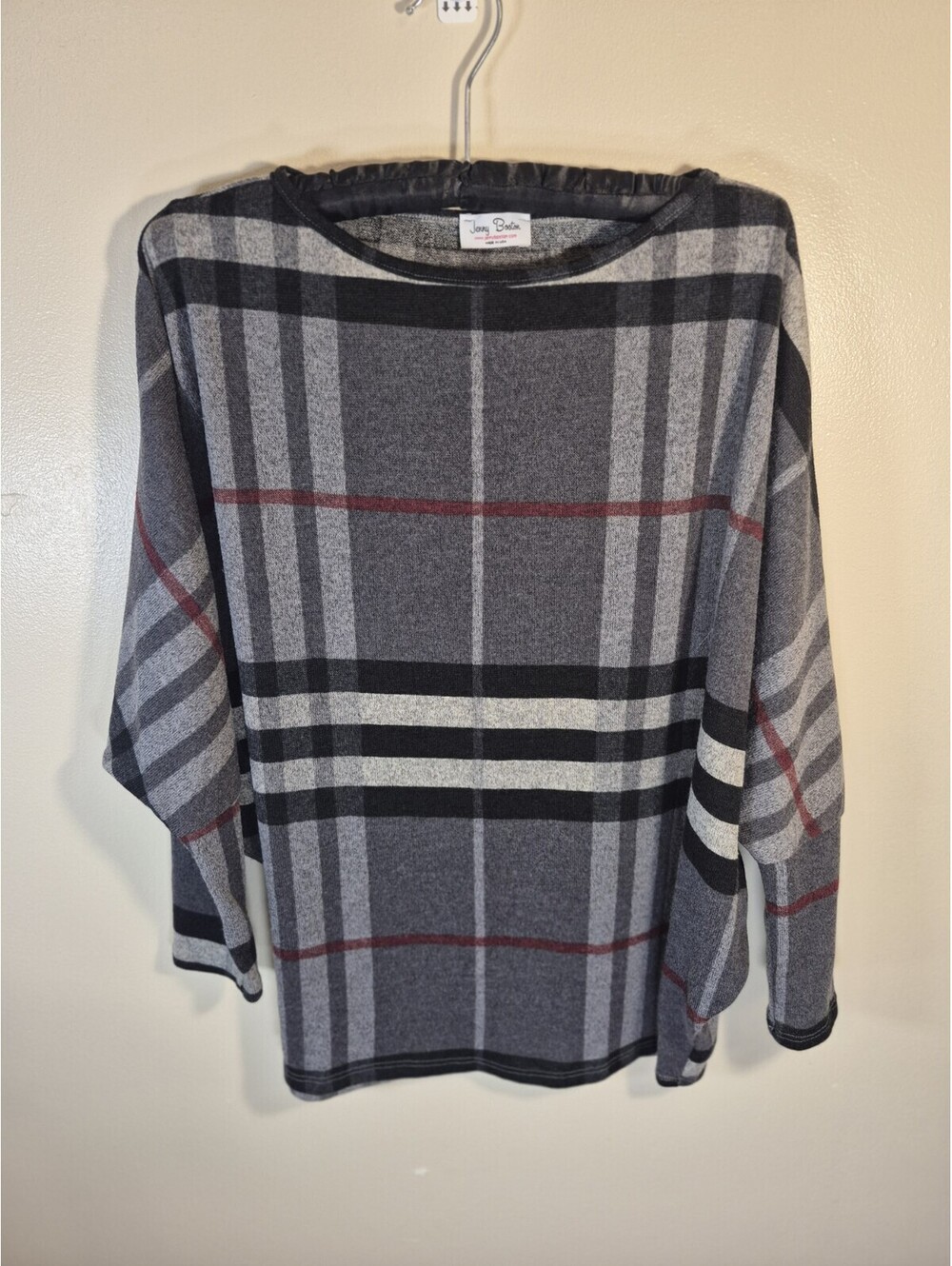 Jenny Boston Women’s Sm Grey Plaid Dolman Sleeve Tunic Made In USA, Preppy Chic